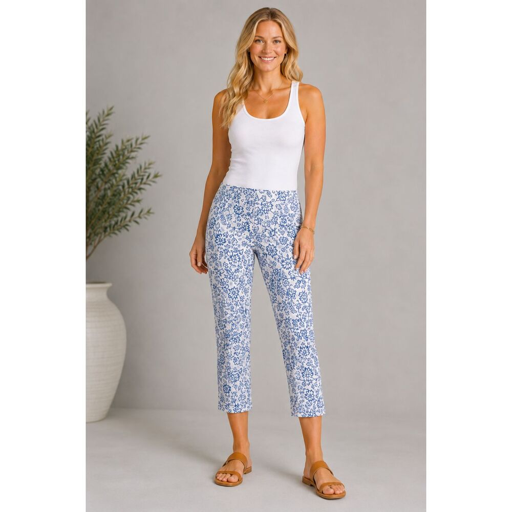 J. Jill Size 6 Blue & White Floral Print Capris Stretch Cotton Career Casual